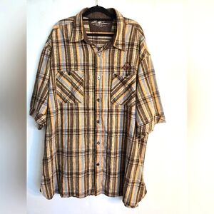 AL WISSON  MEN'S SHORT-SLEEVED SHIRT PLAID BROWN-BLUE-ORANGE BUTTON UP SIZE 5XL